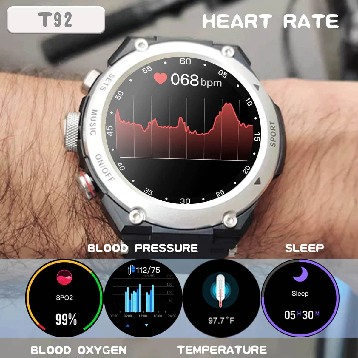Restro™ - Sports Smartwatch med trådløse høretelefoner (fungerer med iPhone og Android) 