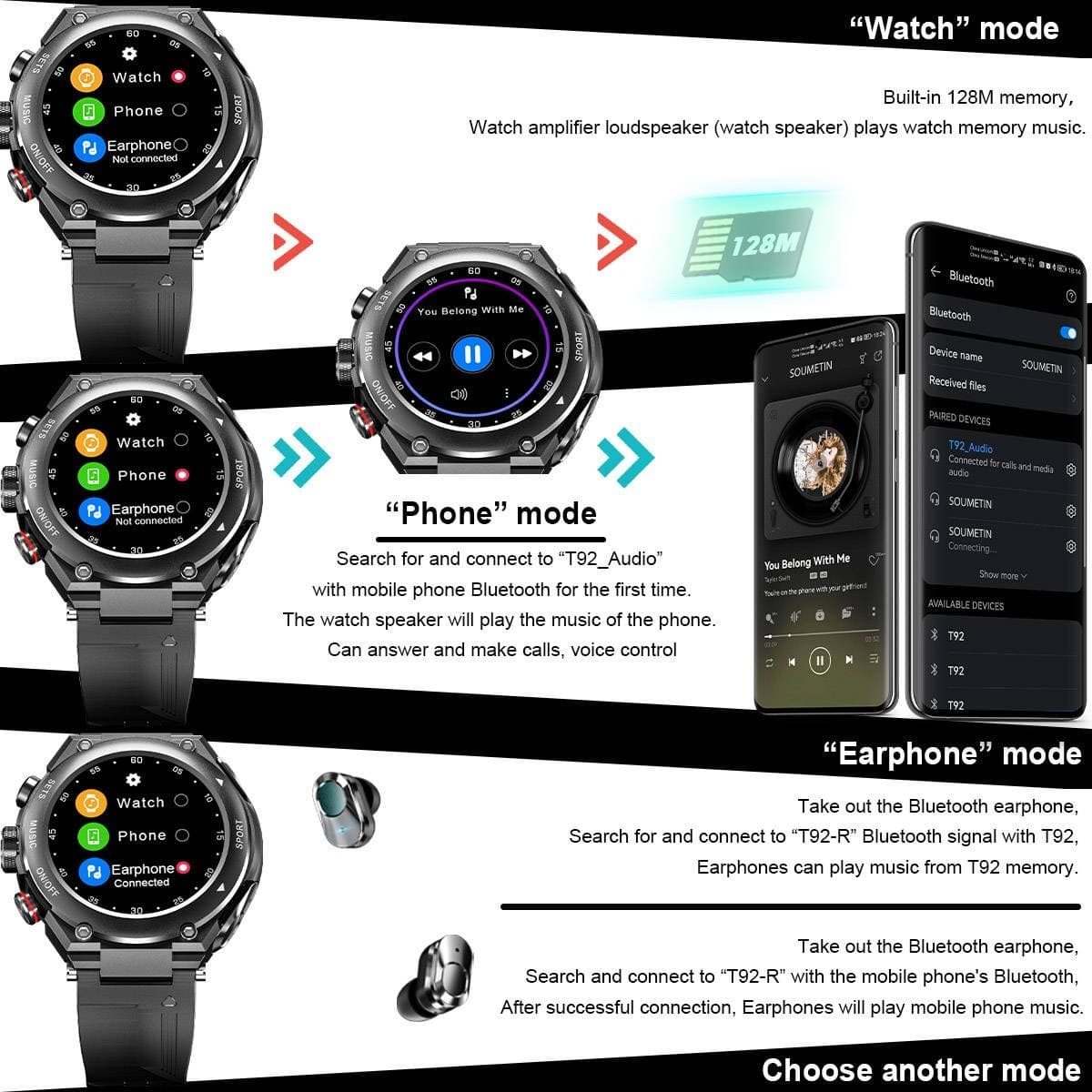 Restro™ - Sports Smartwatch med trådløse høretelefoner (fungerer med iPhone og Android) 
